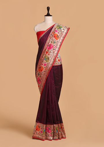 Wine Plain Saree in Silk