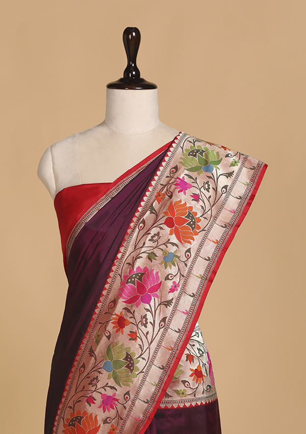 Wine Plain Saree in Silk