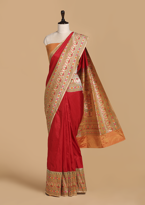 Red Plain Saree in Silk