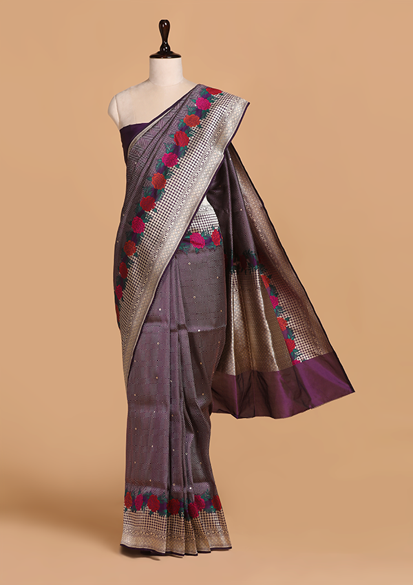 Wine Brocade Saree in Silk