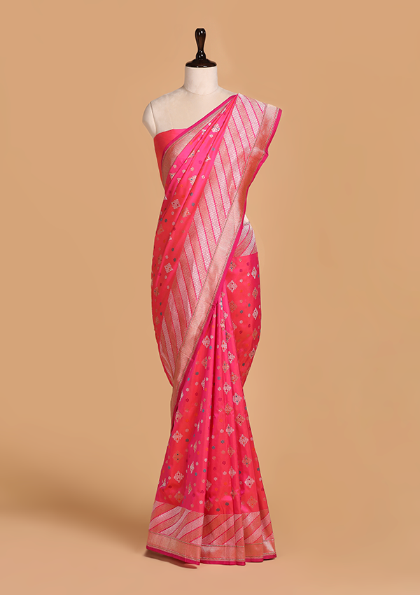 Strawberry Pink Butti Saree in Silk