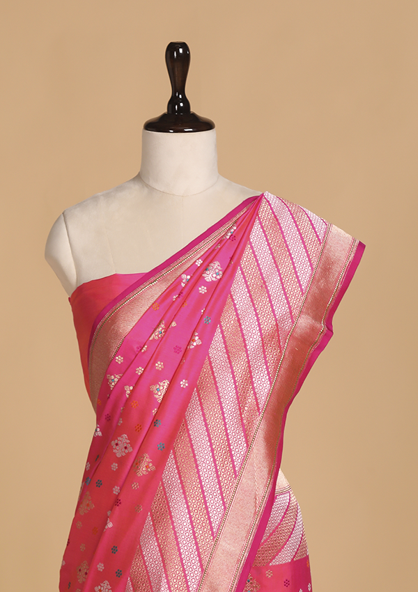 Strawberry Pink Butti Saree in Silk