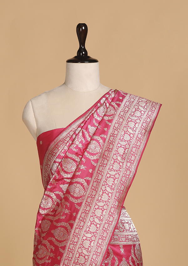 Strawberry Pink Butta Saree in Silk