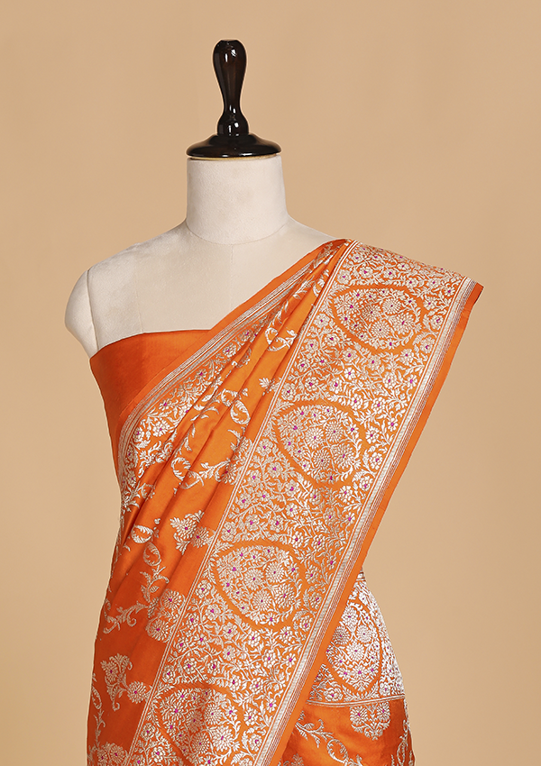 Orange Tulsi Jaal Saree in Silk