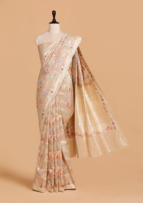 Light Pista Butta Saree in Silk Tissue