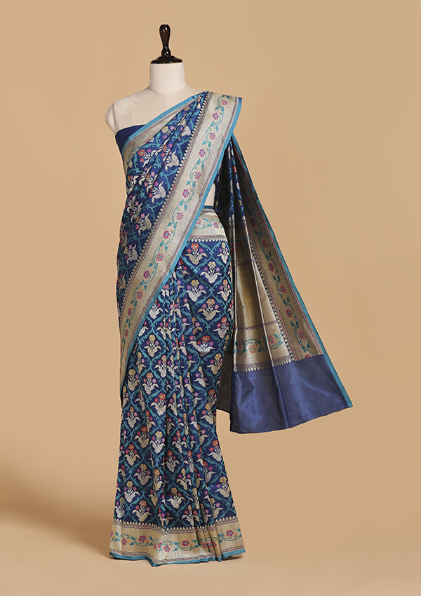 Royal Blue Jaal Saree in Silk