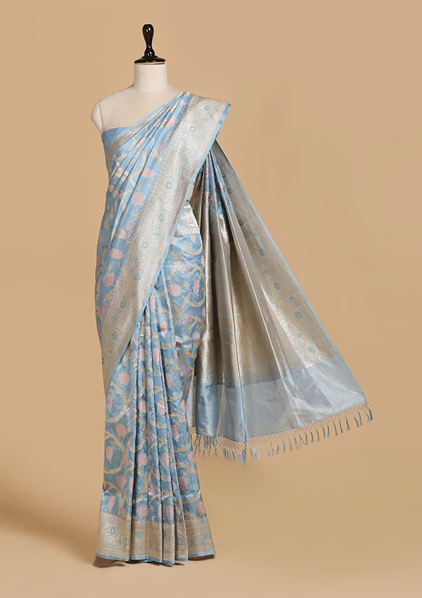 Sky Blue Jaal Saree in Silk
