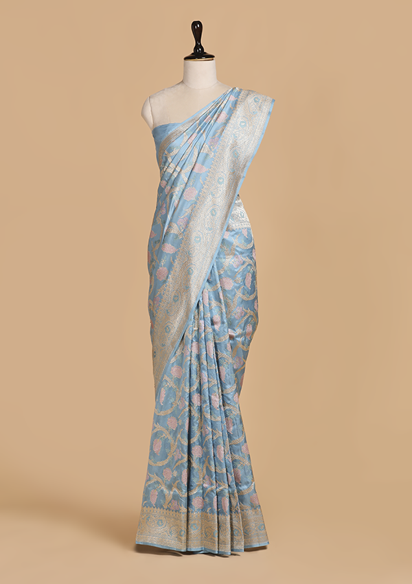Sky Blue Jaal Saree in Silk
