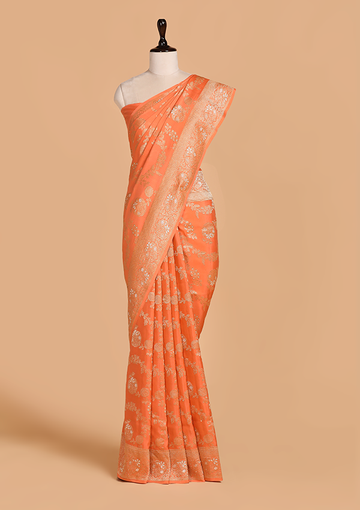 Orange Jaal Saree in Muslin Silk