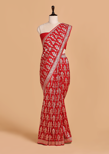 Red Jaal Saree in Muslin Silk