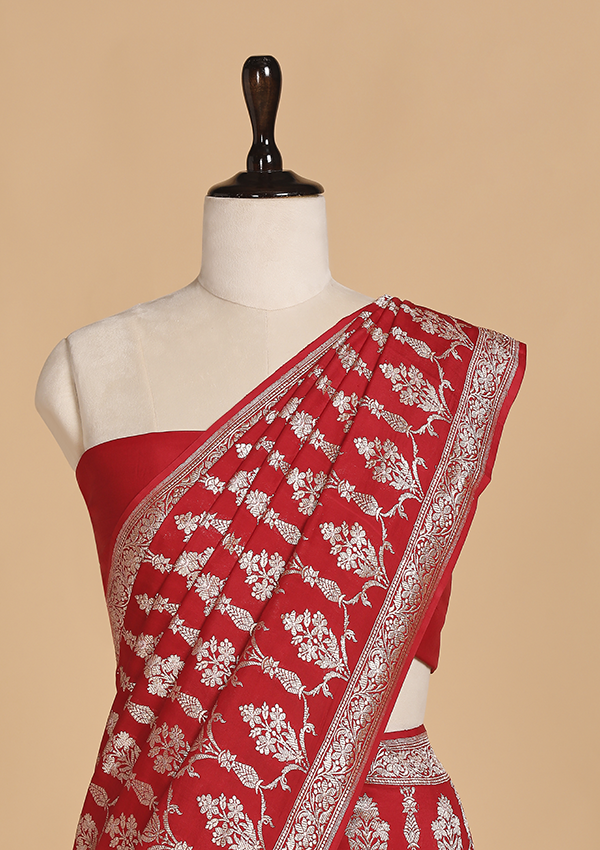 Red Jaal Saree in Muslin Silk