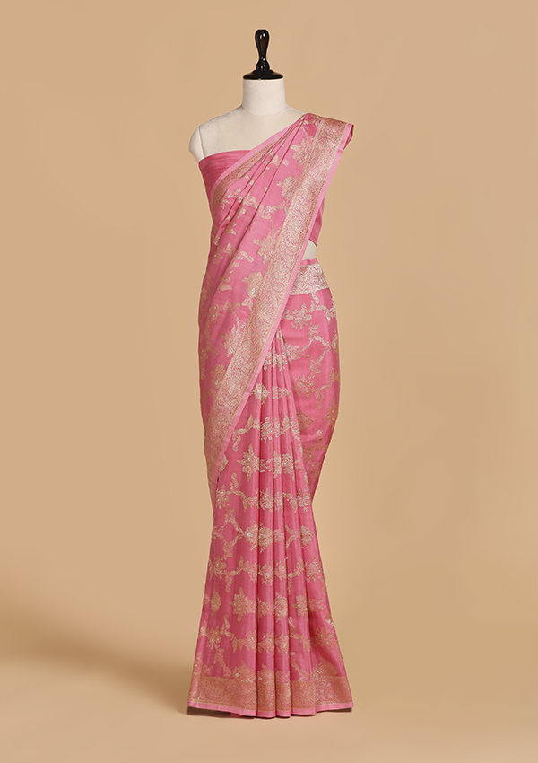 Gajar Pink Jaal Saree in Muslin Silk