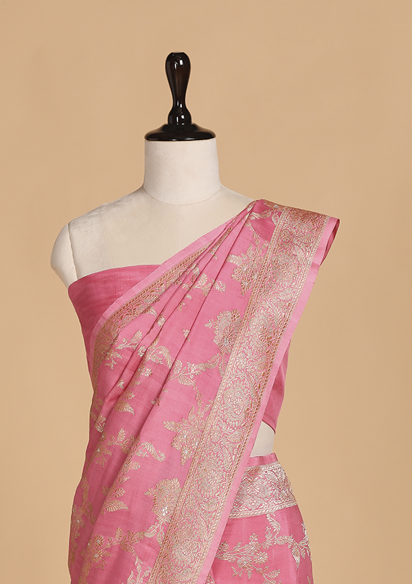 Gajar Pink Jaal Saree in Muslin Silk