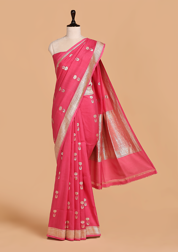 Strawberry Pink Butta Saree in Muslin Silk