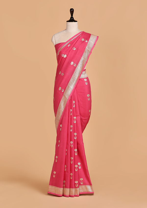 Strawberry Pink Butta Saree in Muslin Silk