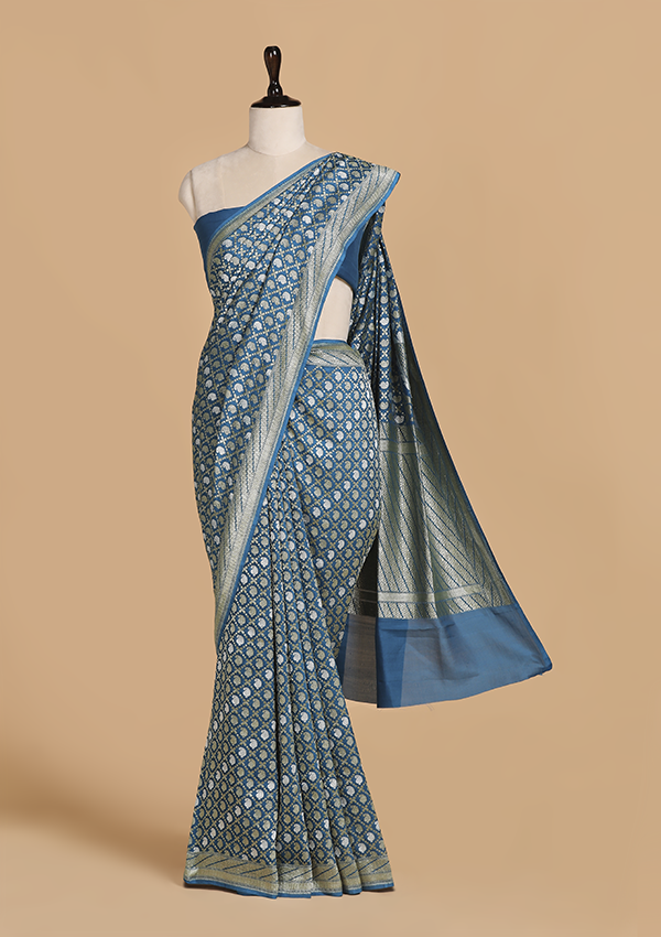 Cobalt Blue Jaal Saree in Muslin Silk