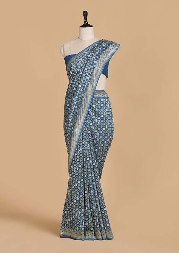 Cobalt Blue Jaal Saree in Muslin Silk