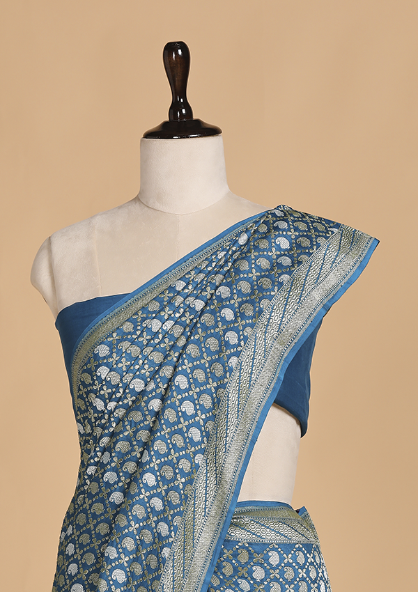 Cobalt Blue Jaal Saree in Muslin Silk