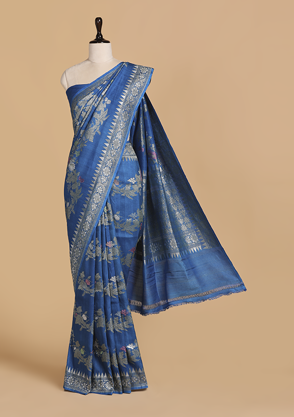 Cobalt Blue Leheriya Saree in Georgette Tussar