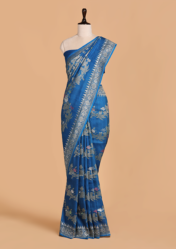 Cobalt Blue Leheriya Saree in Georgette Tussar
