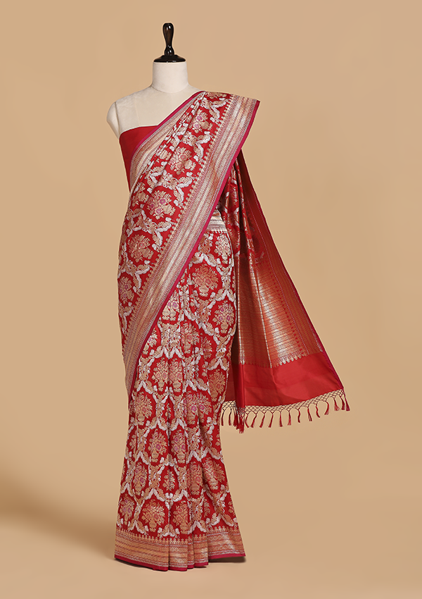 Red Jaal Saree in Silk