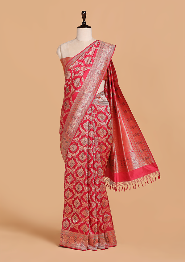 Strawberry Pink Jaal Saree in Silk