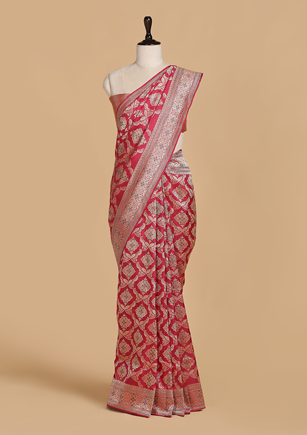 Strawberry Pink Jaal Saree in Silk