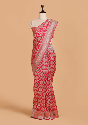 Strawberry Pink Jaal Saree in Silk