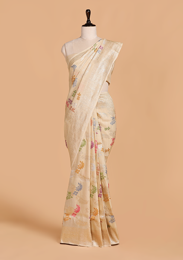 Off White Lehariya Saree in Georgette Tussar