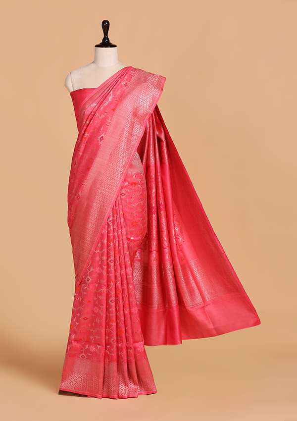 Strawberry Pink Jaal Saree in Georgette Tussar