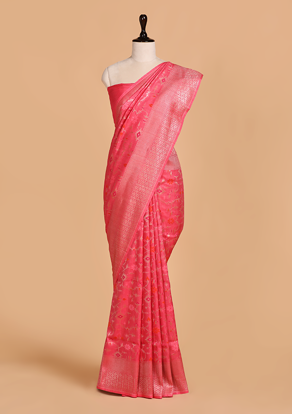 Strawberry Pink Jaal Saree in Georgette Tussar