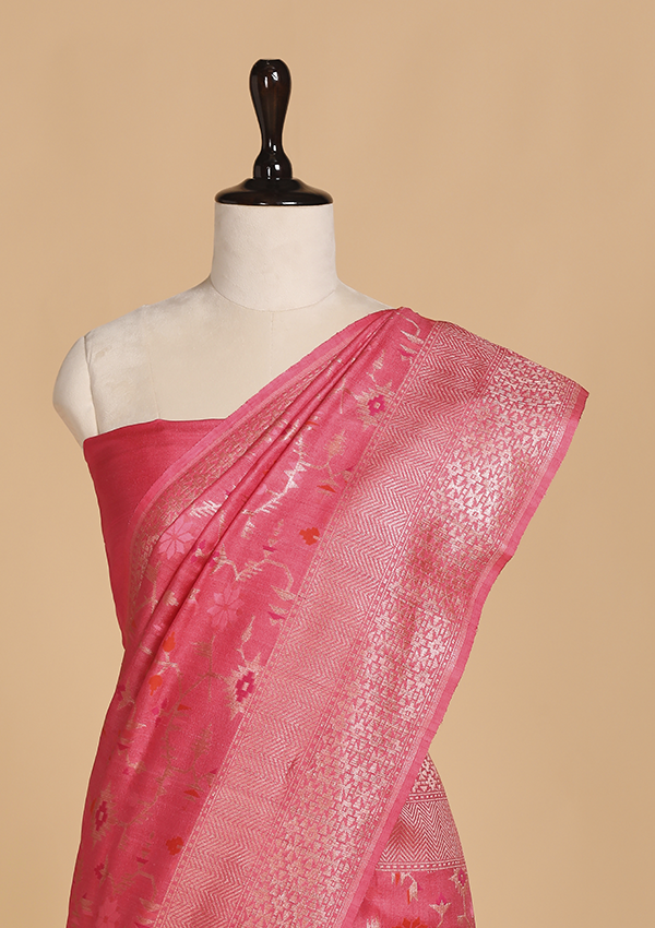 Strawberry Pink Jaal Saree in Georgette Tussar