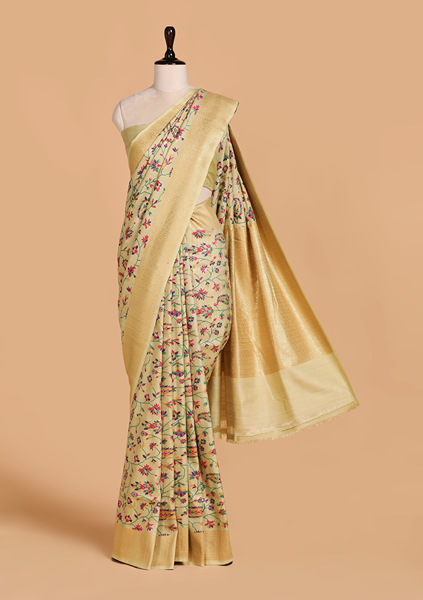 Light Pista Green Jaal Saree in Georgette Tussar