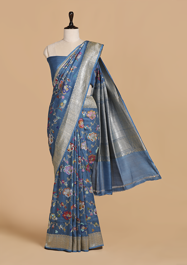 Sky Blue Jaal Saree in Georgette Tussar