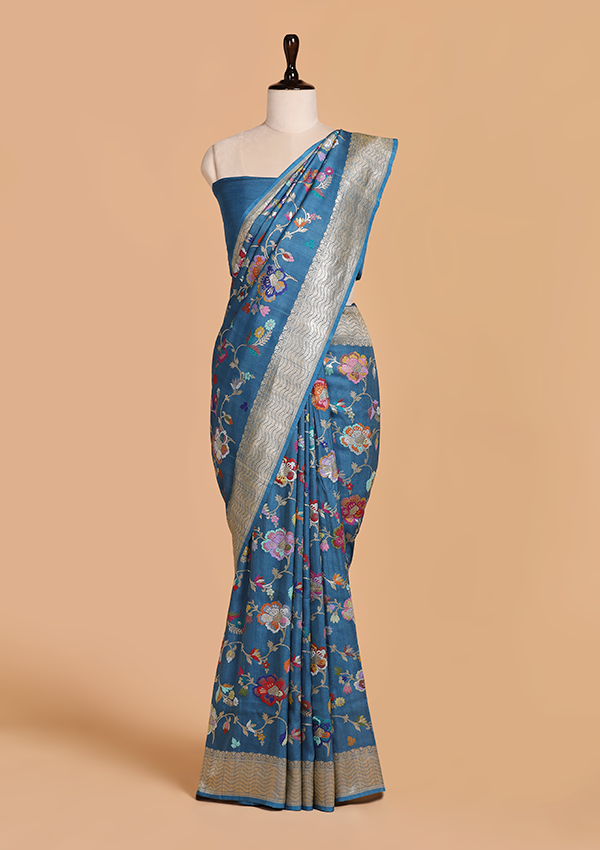 Sky Blue Jaal Saree in Georgette Tussar