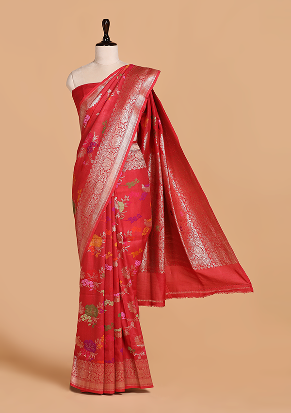Tomato Red Lehariya Saree in Georgette Tussar