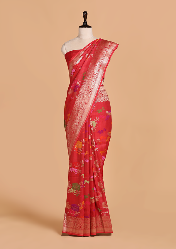 Tomato Red Lehariya Saree in Georgette Tussar