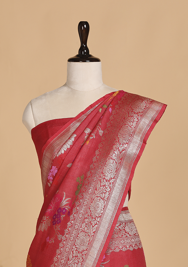 Tomato Red Lehariya Saree in Georgette Tussar