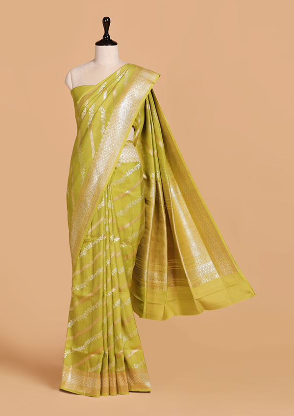 Olive Green Lehariya Saree in Georgette Tussar