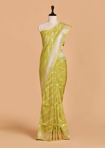 Olive Green Lehariya Saree in Georgette Tussar