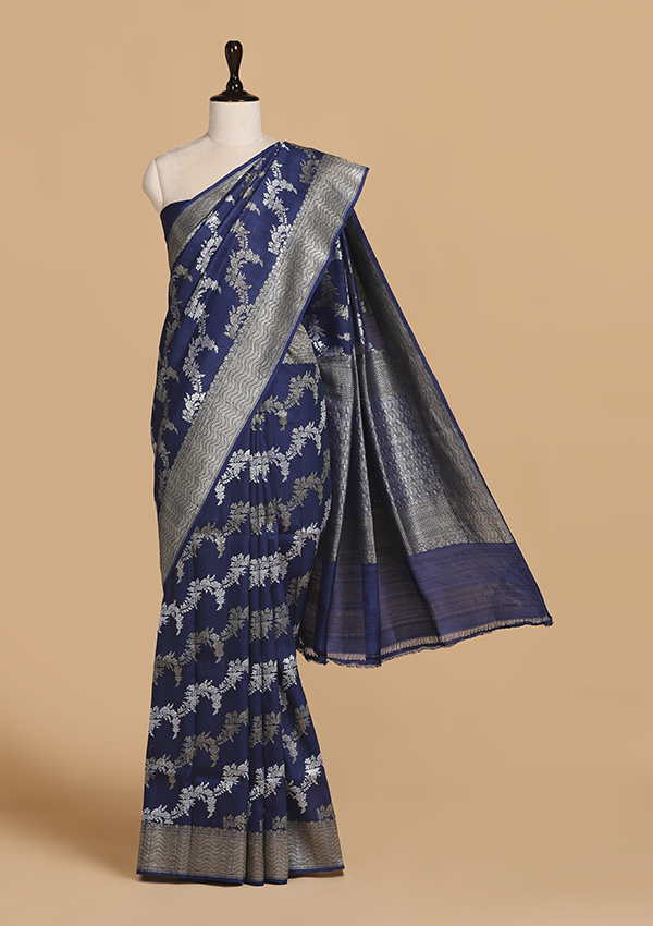 Navy Blue Lehariya Saree in Georgette Tussar