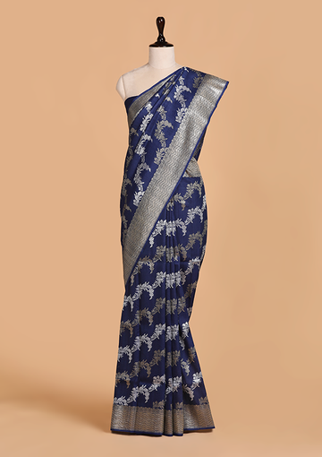 Navy Blue Lehariya Saree in Georgette Tussar