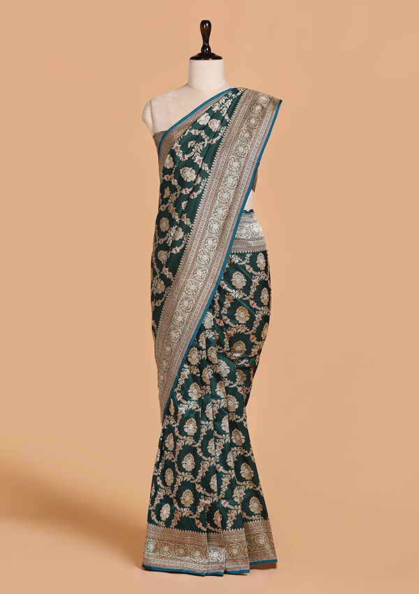 Bottle Green Jaal Saree in Silk