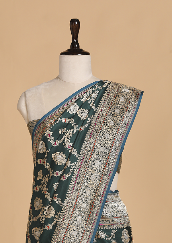 Bottle Green Jaal Saree in Silk