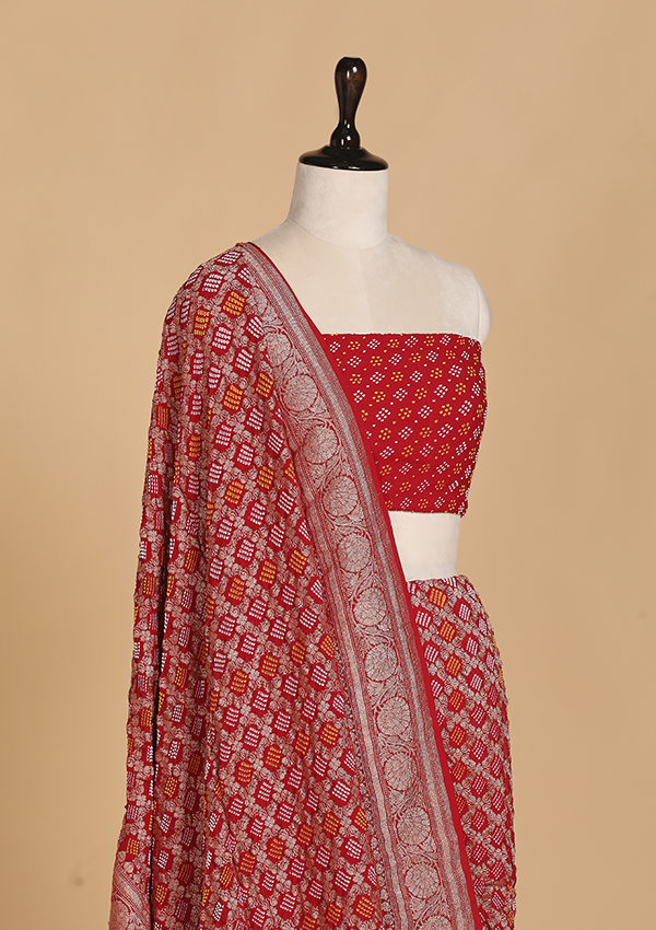 Red Jaal Bandhani Saree in Georgette