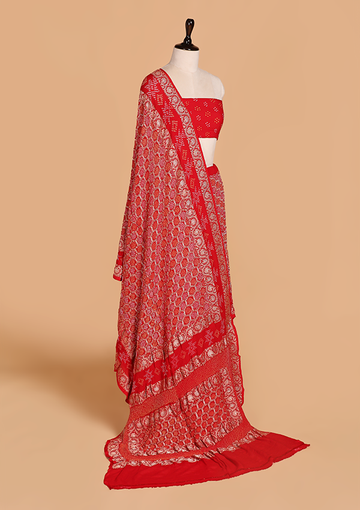 Red Jaal Bandhani Saree in Georgette