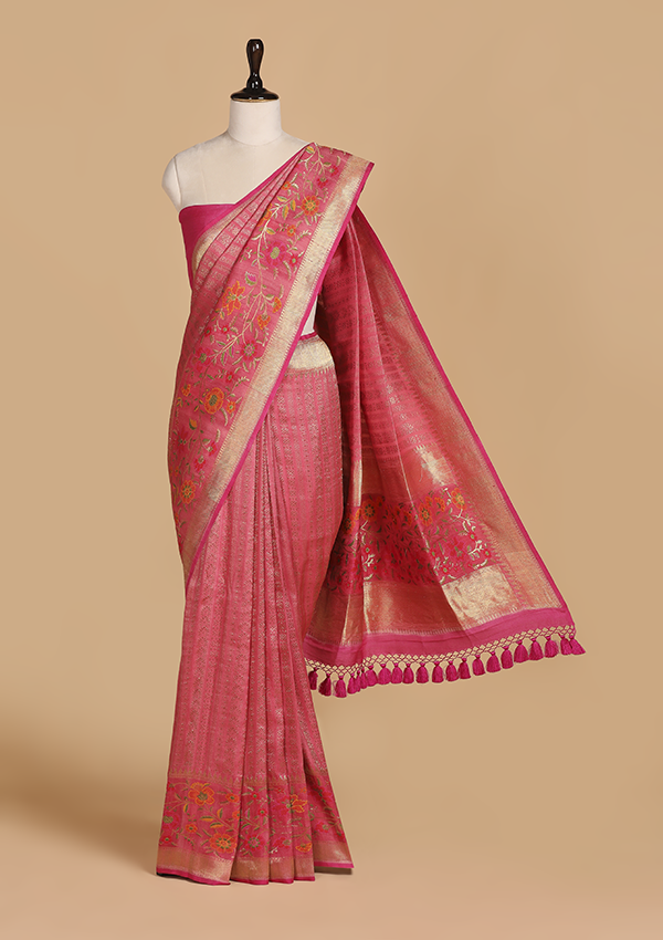 Strawberry Pink Brocade Saree in Georgette Tussar