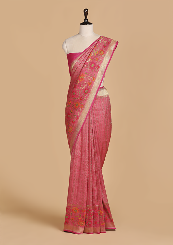 Strawberry Pink Brocade Saree in Georgette Tussar