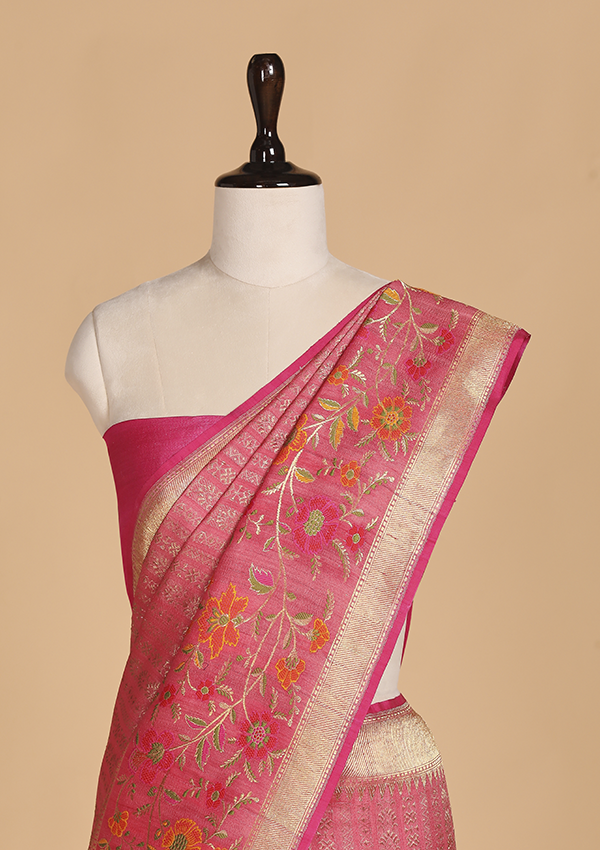 Strawberry Pink Brocade Saree in Georgette Tussar