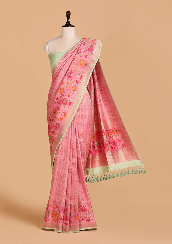 Gajar Pink Brocade Saree in Georgette Tussar